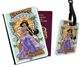 Personalisierte Kunstleder Passport Cover & Gepäckanhänger Disney Travel Prinzessin Jasmin Aladdin Genie Zauberteppich Lampe Höhle der Wunder