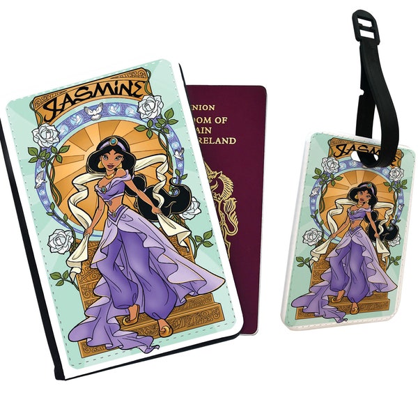 Personalised Faux Leather Passport Cover & Luggage Tag Disney Travel Princess Jasmine Aladdin Genie Magic Carpet Lamp Cave of Wonders