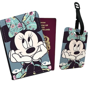 Reisaccessoireset: kunstleren paspoorthoes en bagagelabel – Disney Minnie Mouse