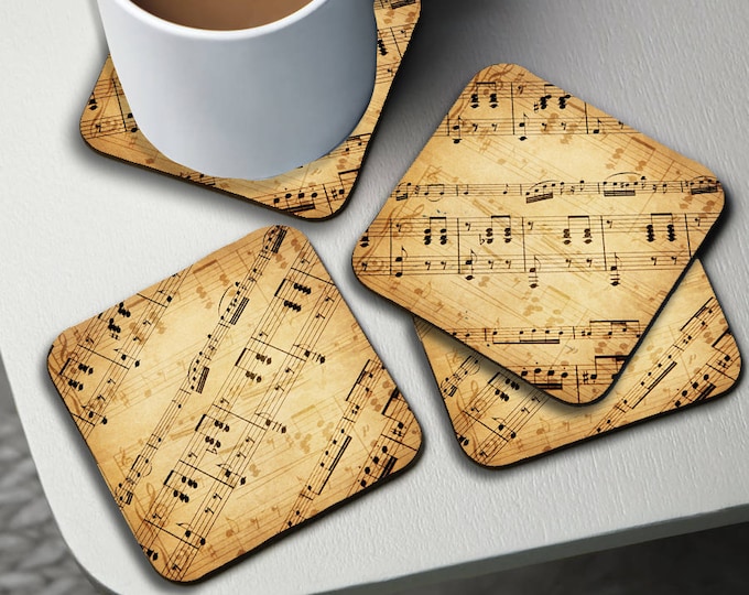 Cup Coasters, Personalised High Gloss Square Drink Coaster, Round Coffee Coaster, Custom Gift with Name, Classic Music Notes