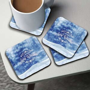 Cup Coasters, Personalised High Gloss Square Drink Coaster, Round Coffee Coaster, Custom Gift with Name, Christmas, Winter Wonderland