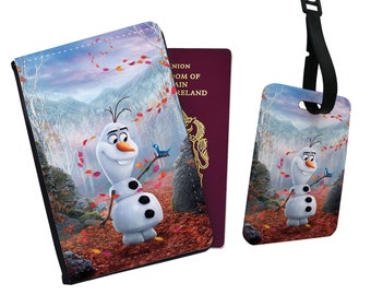 Personalised Faux Leather Passport Cover & Luggage Tag Disney Snowman Olaf Frozen Mouse Empire Friends Adventure Sisters Elsa Anna Gift