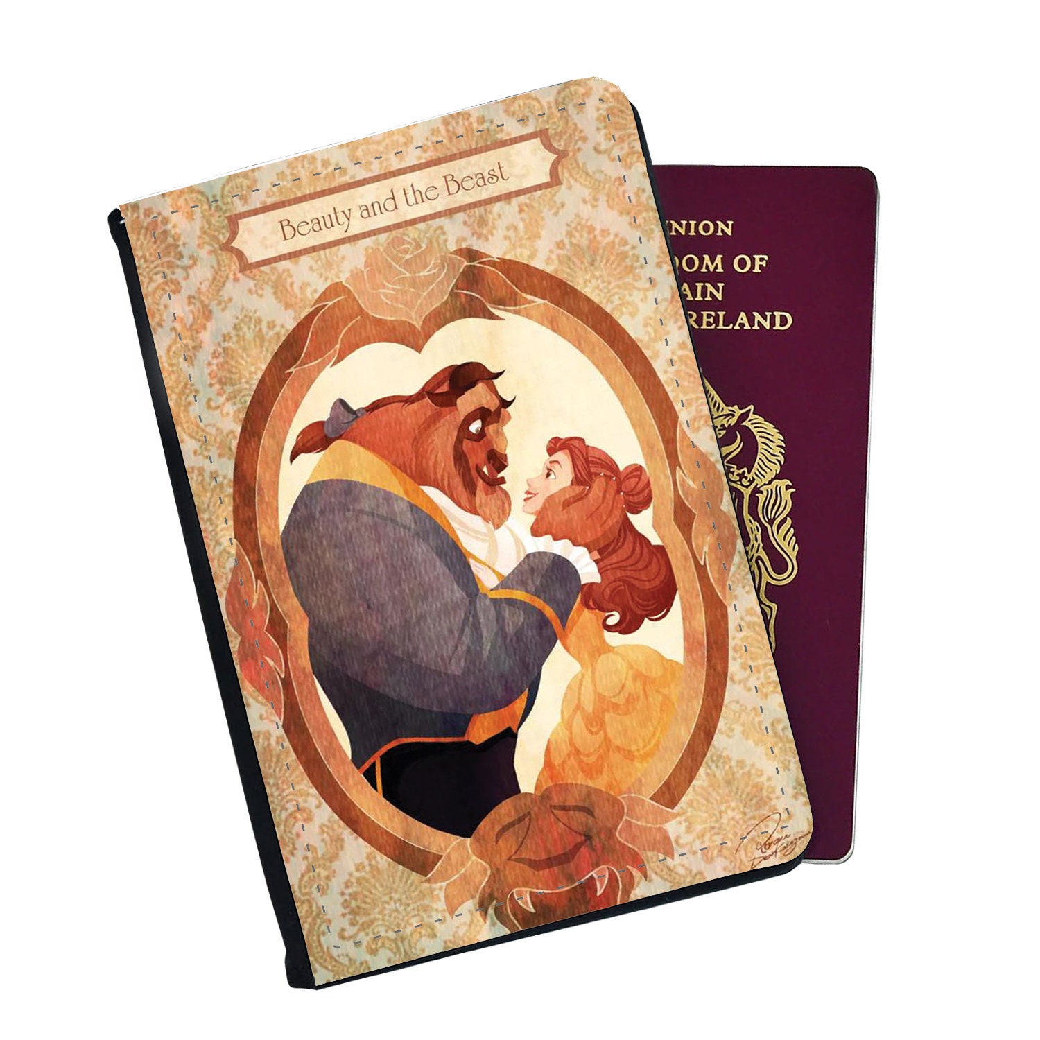 Personalised Faux Leather Passport Cover and Luggage Tag Disney Beauty and the Beast Belle Prince Adam Vintage Disneyland Birthday Gift