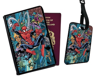 Personalisierte Kunstleder Passhülle und Gepäckanhänger, Reisezubehörset, Amazing Spiderman