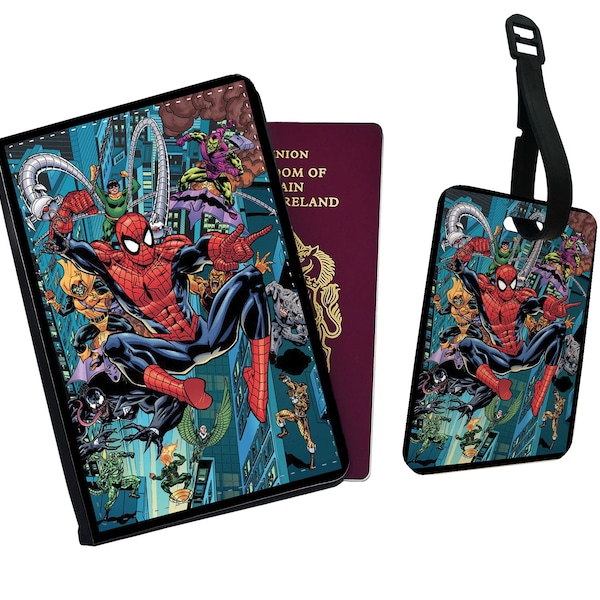 Personalised Faux Leather Passport Cover and Luggage Tag, Travel Accessory Set, Amazing Spiderman