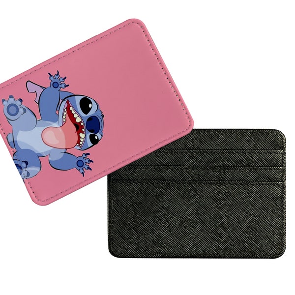 Elegant Leather Card Holder, Slim Credit Card Wallet, Stylish Custom Gift, , Disney Cute Stitch