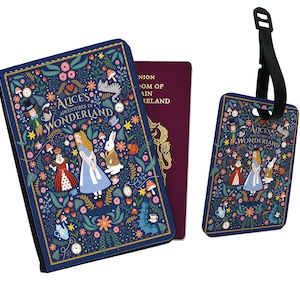 Funda de pasaporte y etiqueta de equipaje personalizadas de piel sintética, Alicia en el país de las maravillas de Disney, Viajes, Amigos, Conejo blanco