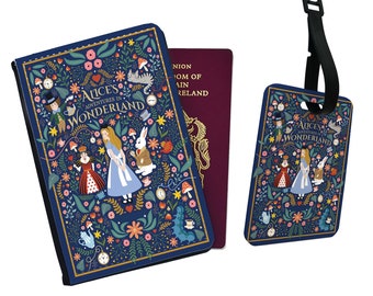 Personalised Faux Leather Passport Cover & Luggage Tag, Disney Alice's Adventure in Wonderland, Travel, Friends, White Rabbit