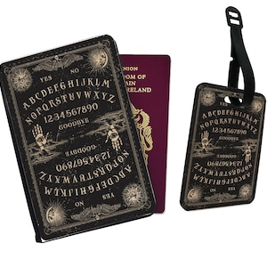 Personalised Faux Leather Passport Cover and Luggage Tags, Travel Accessory Set, Ouija, Spirit Board, Talking Board, Good Luck