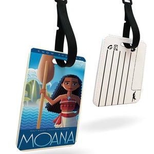May include: A white luggage tag with a black strap. The front of the tag features a cartoon image of Moana from the Disney movie Moana. The text "Know the Way" is at the top of the tag. The text "Walt Disney Animation Studios" and "Moana" are at the bottom of the tag. The back of the tag has blank lines for writing information.