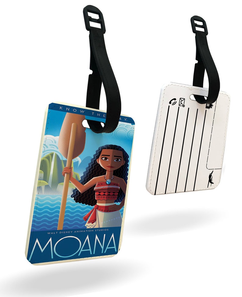 May include: A white luggage tag with a black strap. The front of the tag features a cartoon image of Moana from the Disney movie Moana. The text "Know the Way" is at the top of the tag. The text "Walt Disney Animation Studios" and "Moana" are at the bottom of the tag. The back of the tag has blank lines for writing information.