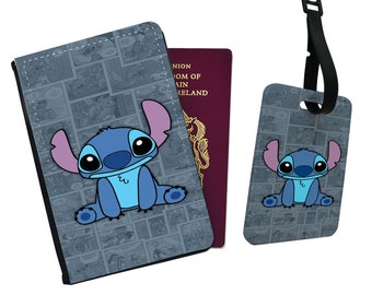 Personalised Faux Leather Passport Cover and Luggage Tags, Travel Accessory Set, Disney Stitch Lilo Hawaii Beach Adventure