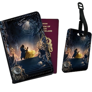Gepersonaliseerde paspoorthoes en bagagelabel van kunstleer, reisaccessoireset, Disney Beauty and the Beast