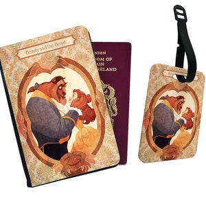 Personalised Faux Leather Passport Cover and Luggage Tag Disney Beauty and the Beast Belle Prince Adam Vintage Disneyland Birthday Gift