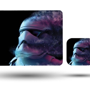May include: A white Stormtrooper helmet with a blue and pink nebula effect. The helmet is partially obscured by the nebula effect.