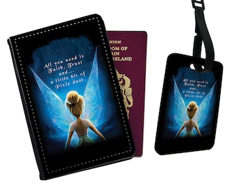 Personalised Faux Leather Passport Cover and Luggage Tag Disney Tinker Bell Faith, Trust and Fixie Dust Fairy Peter Pan Friends Neverland