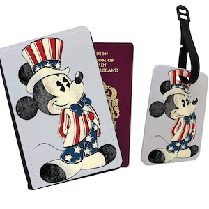 Set di accessori da viaggio - Custodia per passaporto in similpelle e targhetta per bagaglio - Mickey Mouse Uncle Sam Vintage USA