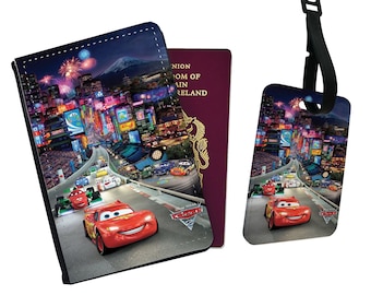 Travel Accessory Set - Faux Leather Passport Cover and Luggage Tag – Disney Pixar Mcqueen Cars with YOUR NAME