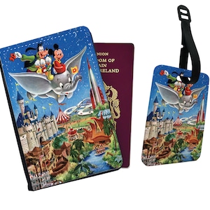 Personalised Faux Leather Passport Cover and Luggage Tag Mickey, Dumbo and his Friends Disney Disneyland Goofy Donald Castle Adventure Gift