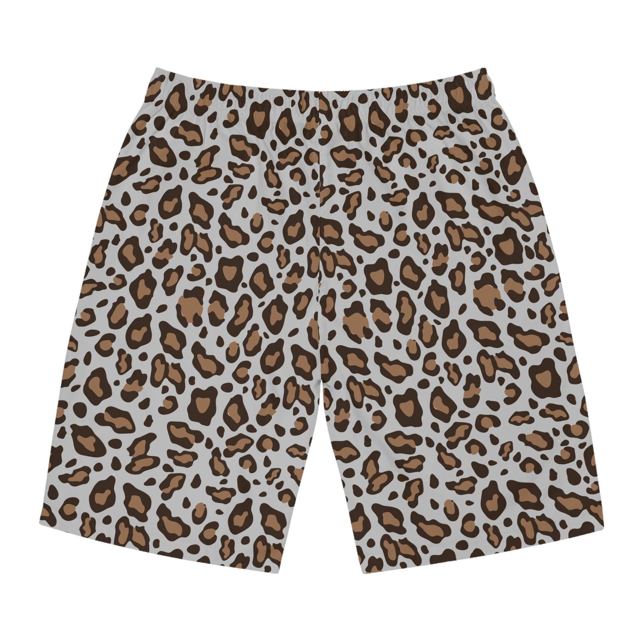 Men's Leopard Print Board Shorts Metallic Silver Swim Trunks Quick