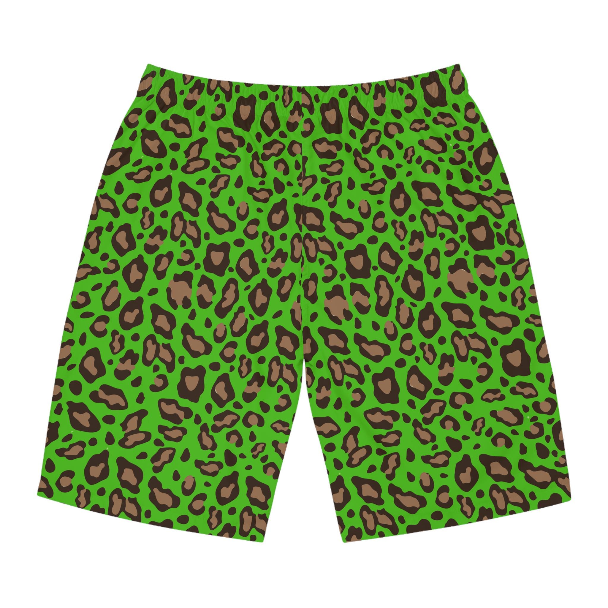 Men's Leopard Print Board Shorts Frog Green Swim Trunks Quick Dry