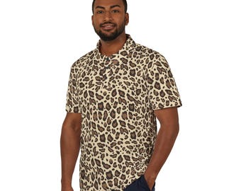 Leopard Print Unisex Polo Shirt, Soft Beige Button-up, Minimalist