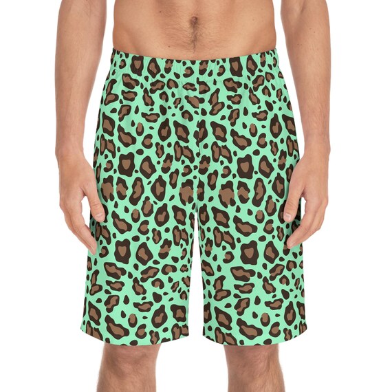 Men's Leopard Print Board Shorts Jelly Mint Swim Trunks Bold