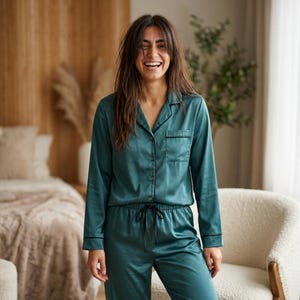 May include: Teal-colored pajama set with black trim. The set includes a long-sleeved button-down shirt with a chest pocket and drawstring pants. The fabric has a satin sheen. The model is smiling.