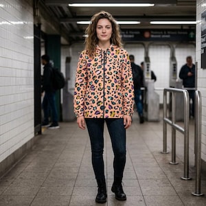 Leopard Print Windbreaker Jacket - Peach Fuzz Outdoor Fashion, Trendy Rain Jacket, Stylish Sportswear, Unique Gift for Nature