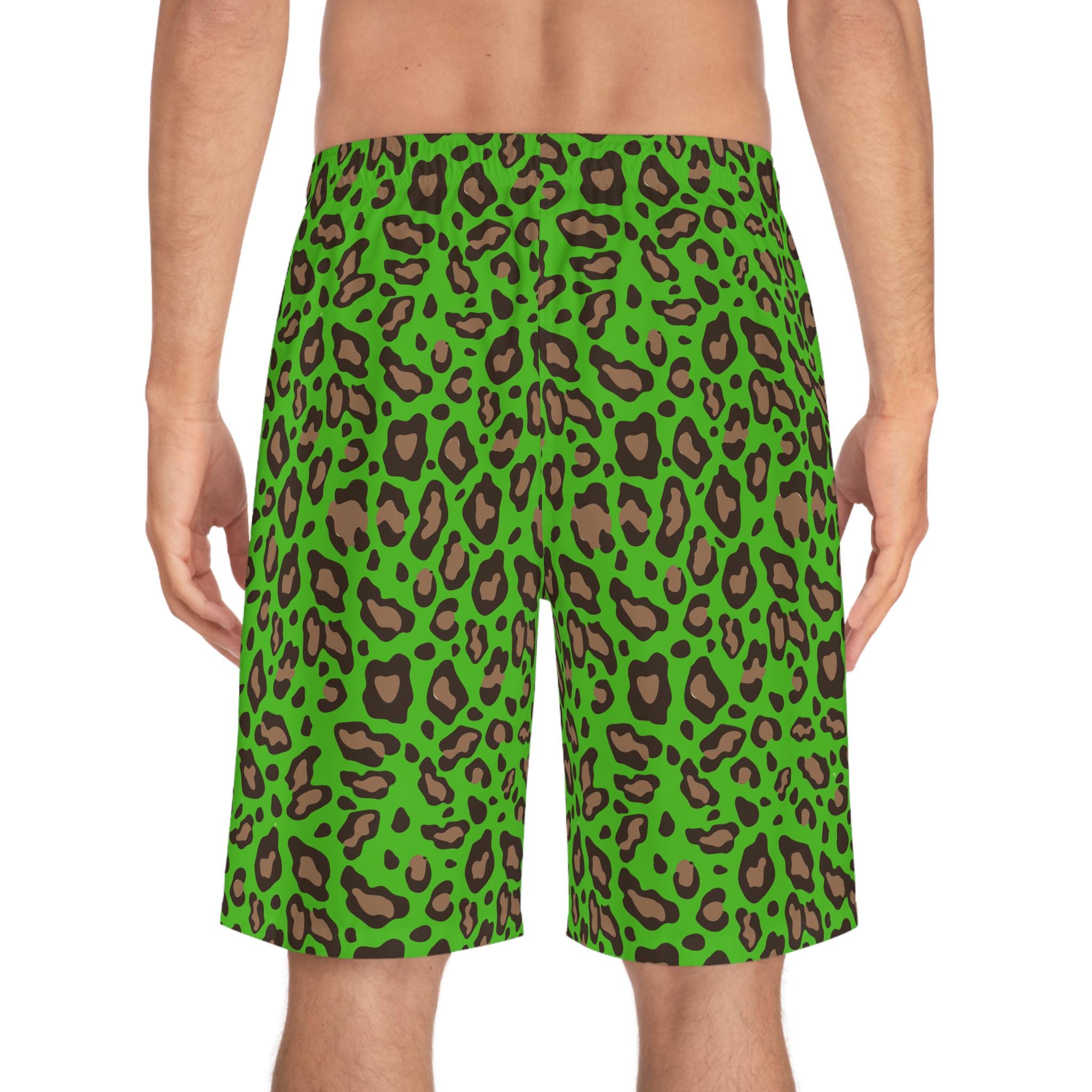 Men's Leopard Print Board Shorts Frog Green Swim Trunks Quick Dry