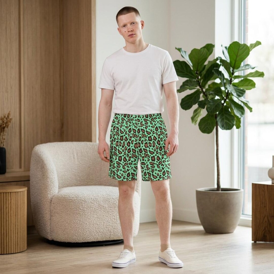 Men's Leopard Print Board Shorts Jelly Mint Swim Trunks Bold