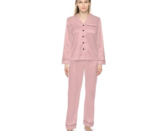 Women's Satin Pajama Set - Solid Tea Rose Dusty Pink Elegant Sleepwear & Loungewear