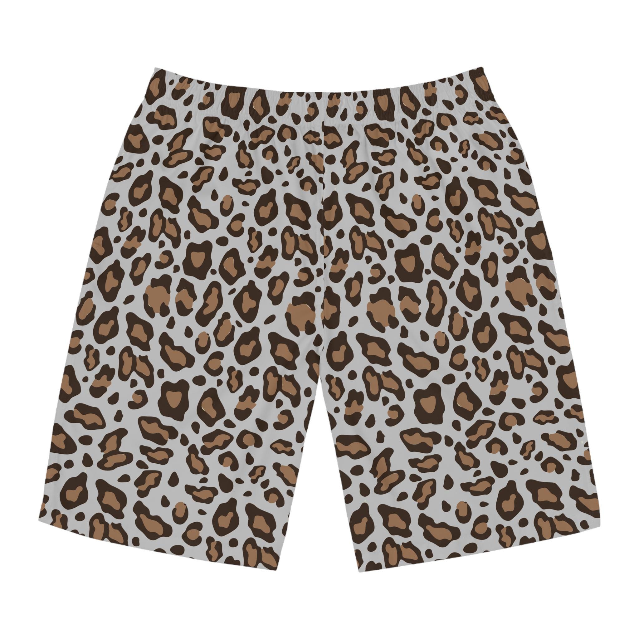 Men's Leopard Print Board Shorts Metallic Silver Swim Trunks Quick
