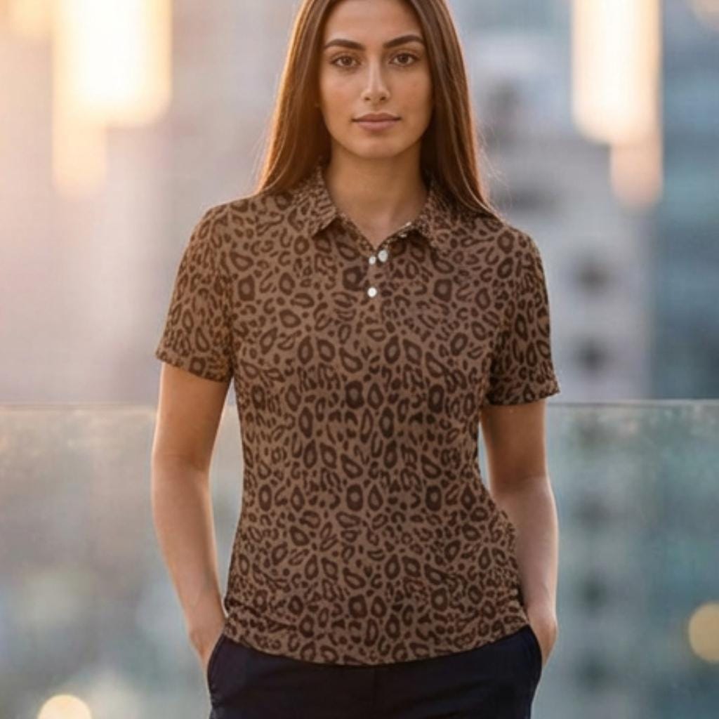 CC Riviera | Mocha Mousse Leopard Print Unisex Polo Shirt, Luxury