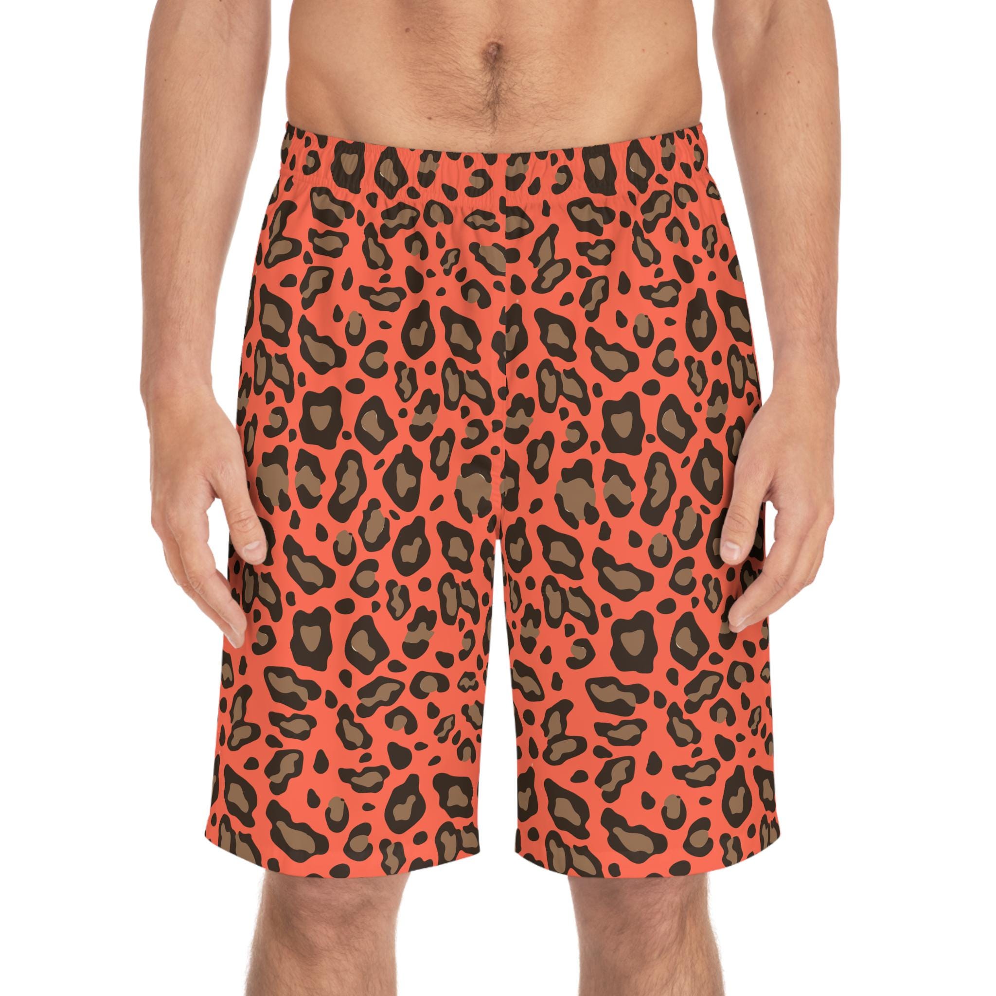 Men's Leopard Print Board Shorts Neon Flare Swim Trunks Quick Dry