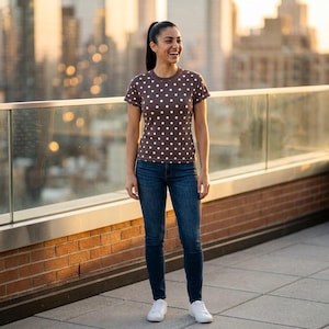 Women's Polka Dot Tee, Cocoa Powder Brown T-Shirt, Everyday Comfort Shirt, Casual Stylish Top, Tagless Fit, Playful Print, White Dots, Chic