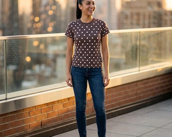 Women's Polka Dot Tee, Cocoa Powder Brown T-Shirt, Everyday Comfort Shirt, Casual Stylish Top, Tagless Fit, Playful Print, White Dots, Chic