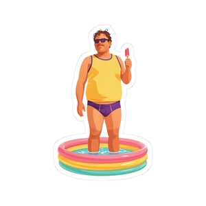 Man in Swim Briefs Sticker | Retro Pool Float, Popsicle Summer Illustration