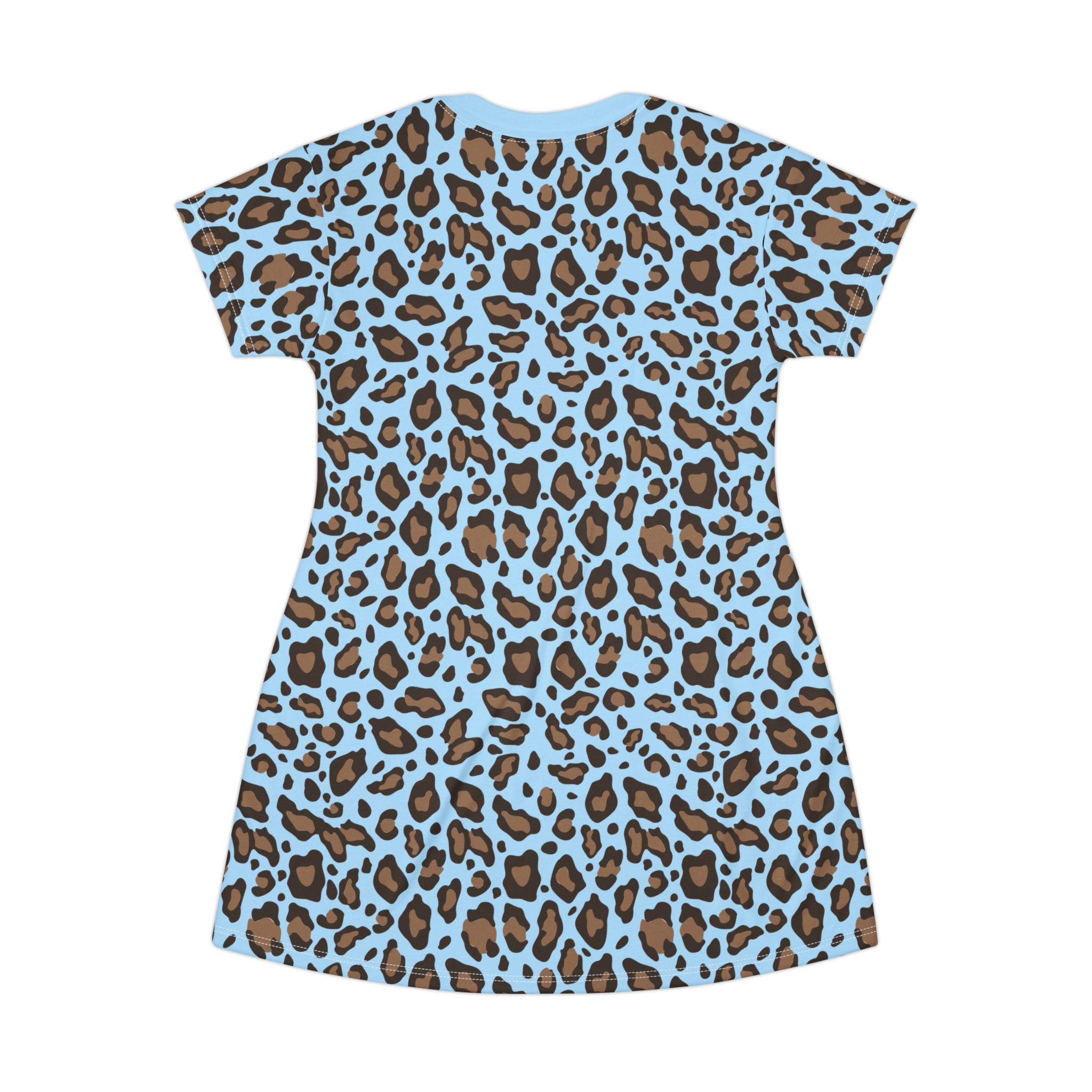 CC Escape | Icy Blue Leopard Print T-Shirt Dress, Minimal Jungle Summer Fashion Dress