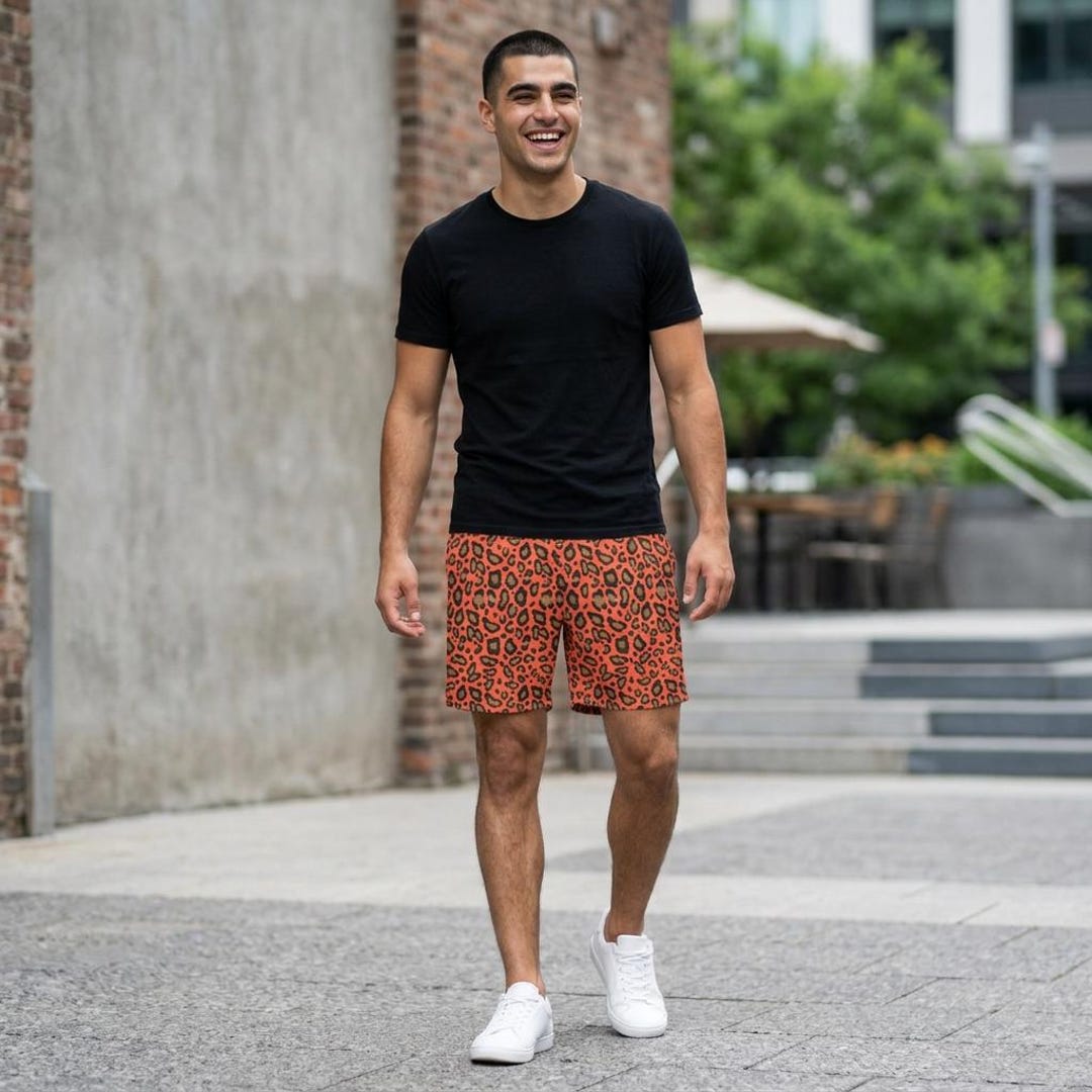 Men's Leopard Print Board Shorts Neon Flare Swim Trunks Quick Dry