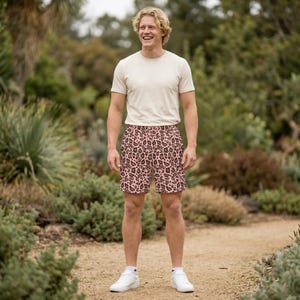 Men's Leopard Print Board Shorts Tea Rose Background Quick Dry Summer Swimwear for Beach Pool Tropical Trips Sizes S to 4XL