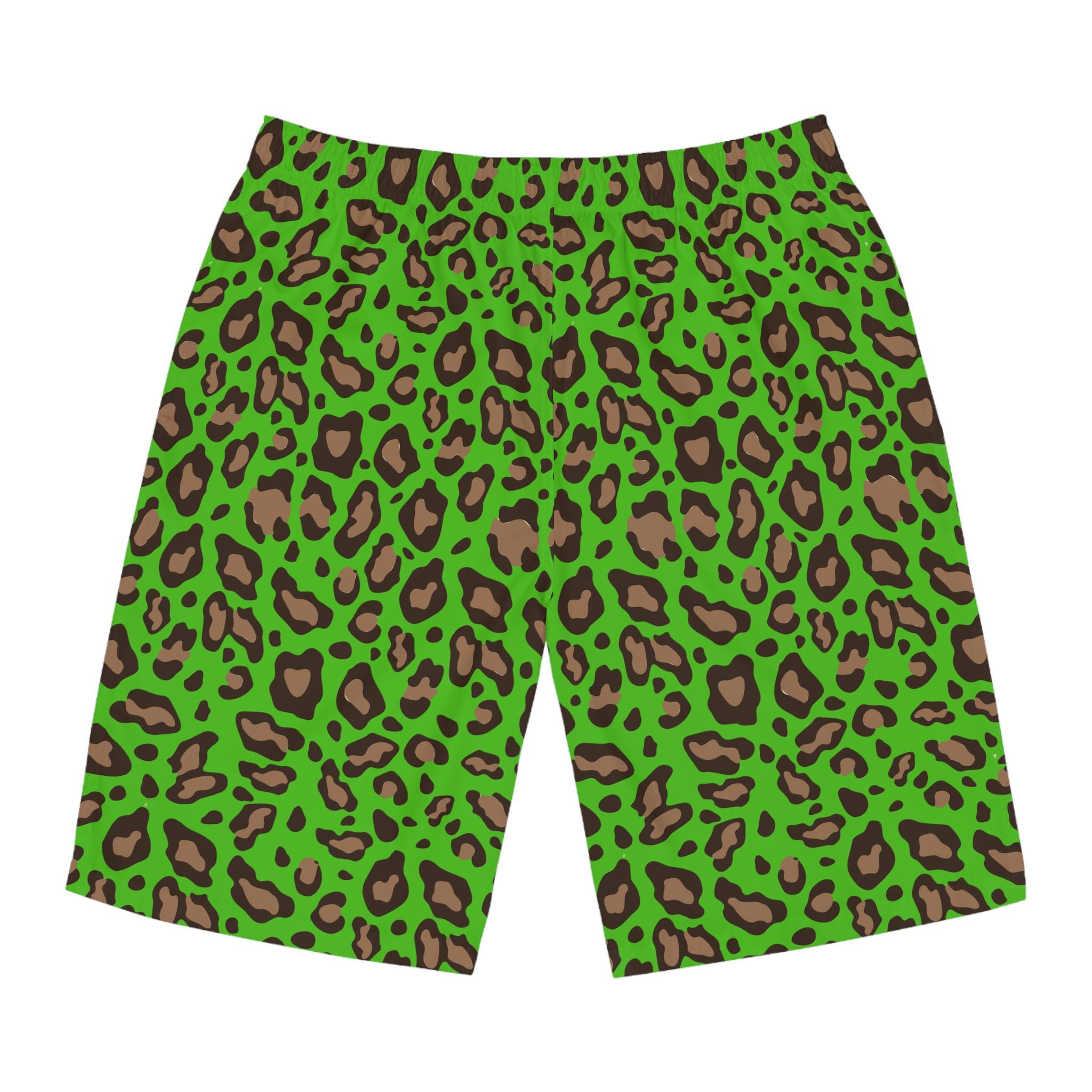 Men's Leopard Print Board Shorts Frog Green Swim Trunks Quick Dry