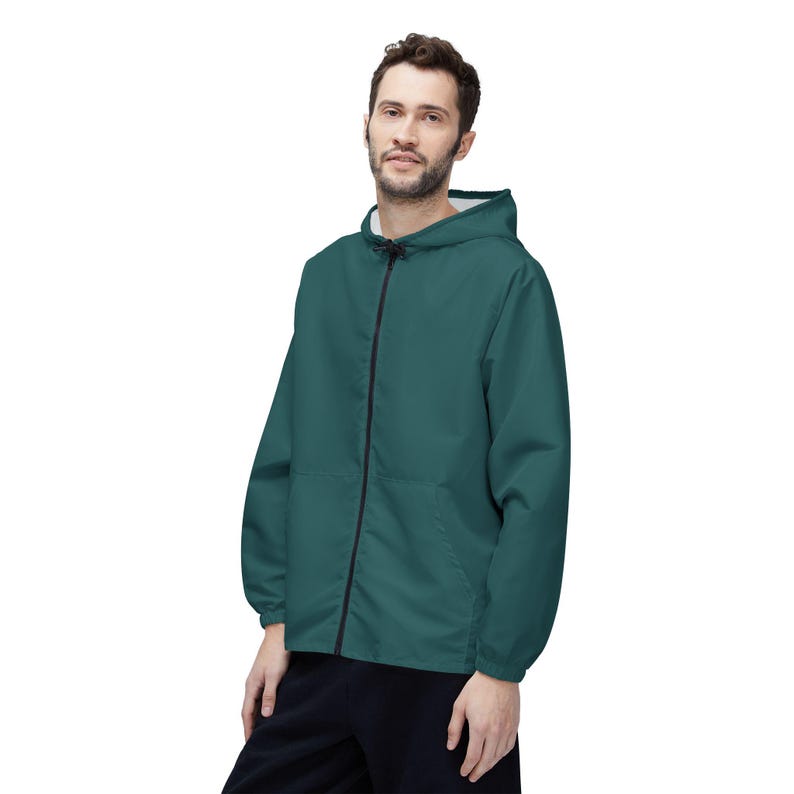 Solid Transformative Teal Green Windbreaker Jacket - Lightweight Water & Wind Resistant Outdoor Coat, Casual Streetwear image 4