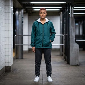May include: A teal hooded windbreaker jacket with a full-length black front zipper, long sleeves, and a white inner lining, paired with dark gray athletic joggers and plain white sneakers. The jacket features a drawstring hood and two side pockets.