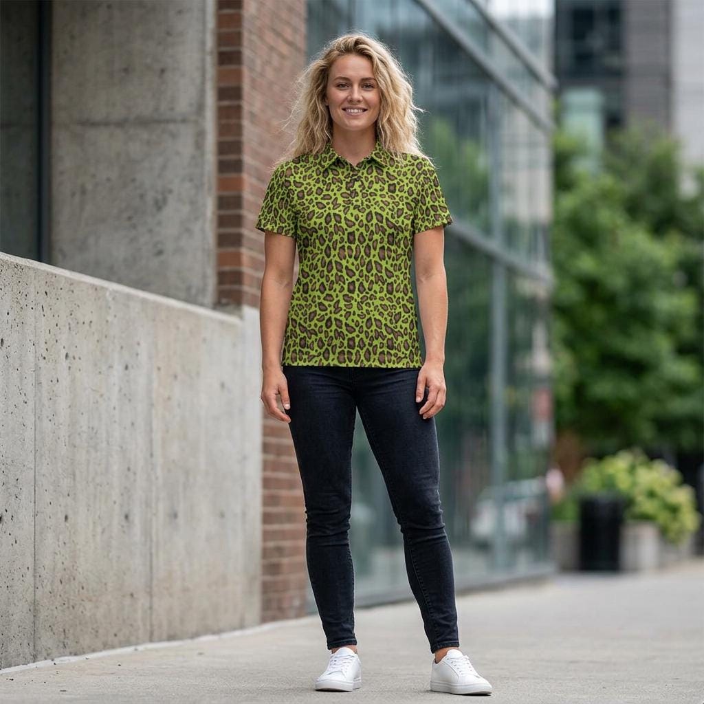 CC Riviera | Green Glow Leopard Print Unisex Polo Shirt, Luxury