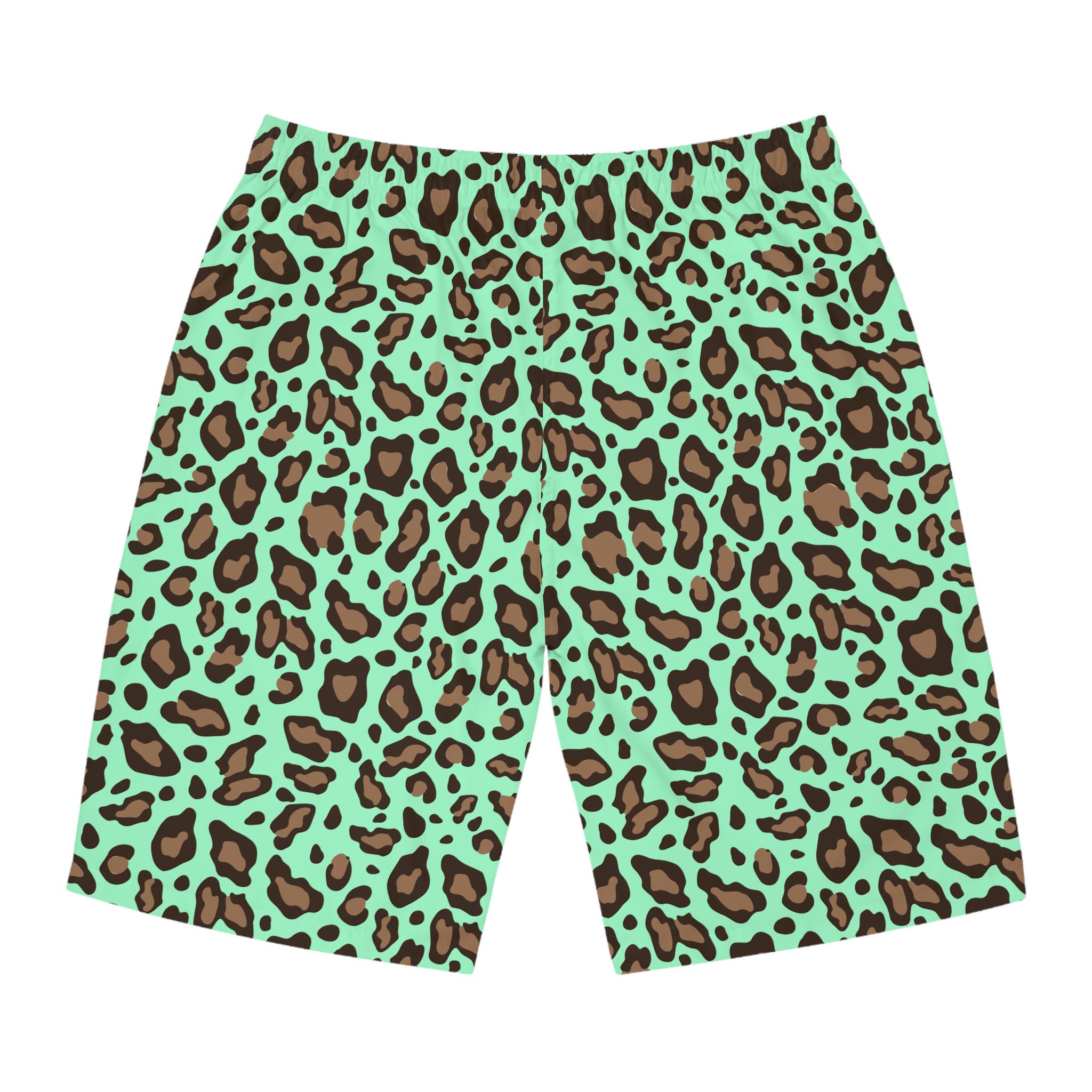Men's Leopard Print Board Shorts Jelly Mint Swim Trunks Bold