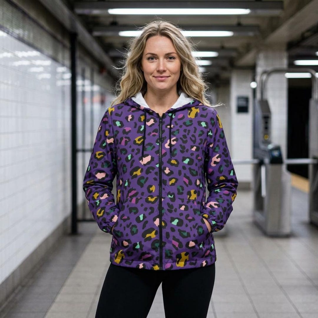 Colorful Leopard Print Windbreaker Jacket - Fresh Purple Outdoor