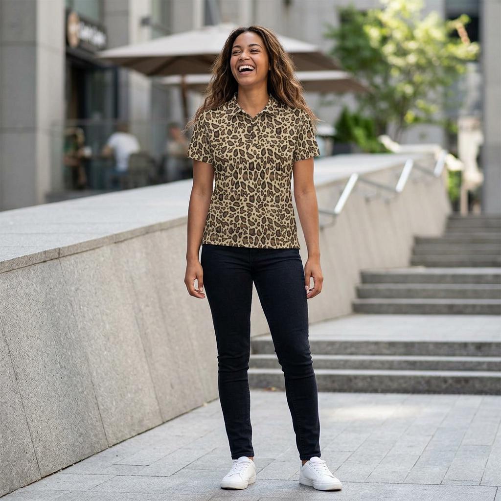 CC Riviera | Beige Leopard Print Unisex Polo Shirt, Luxury Casual