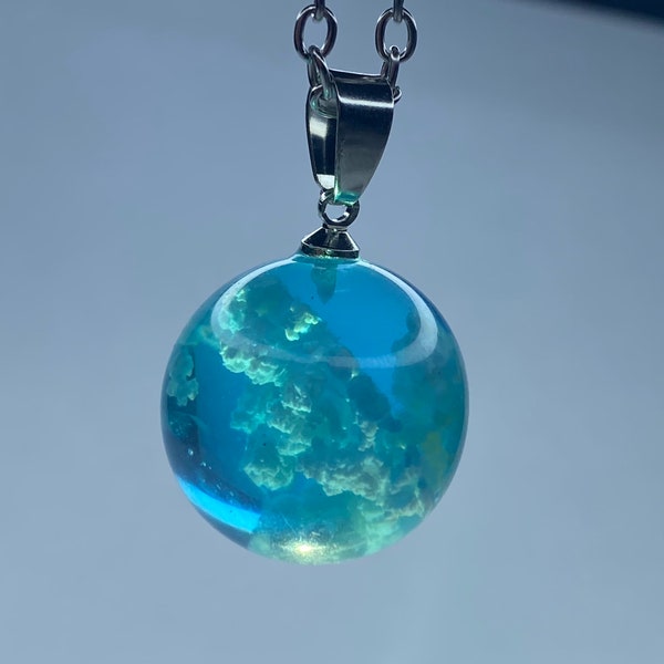 Daydream chain necklace ,Piece of heaven, White clouds, Blue sky, Handmade w/ resin in the UK