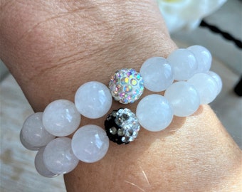 White Jade Gemstone Bracelet with Sparkling Crystal Bead